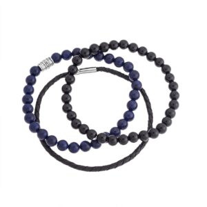 Βραχιόλια Senza Men's Leather, Lapis Lazuli & Onyx Black & Blue Set