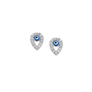 Σκουλαρίκια Senza ασήμι 925, μάτι σε σχήμα δάκρυ με λευκά και γαλάζια ζιργκόν