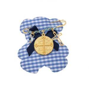 Παραμάνα SENZA κίτρινο επιχρυσωμένο ασήμι 925, στρογγυλό κωνσταντινάτο, σταυρός και μπλε πέτρες
