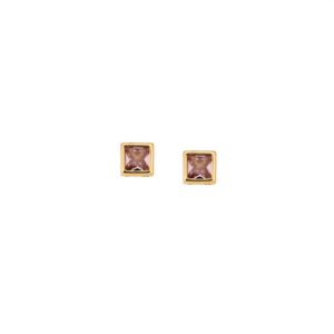 Σκουλαρίκια SENZA κίτρινο επιχρυσωμένο ασήμι 925, τετράγωνο με ροζ ζιργκόν