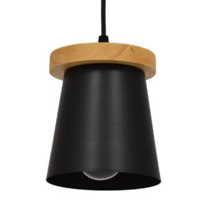 GloboStar® LANA 01424 Μοντέρνο Κρεμαστό Φωτιστικό Οροφής Μονόφωτο 1 x E27 με Ξύλινη Βάση και Μαύρο Καπέλο Φ13 x Y17cm