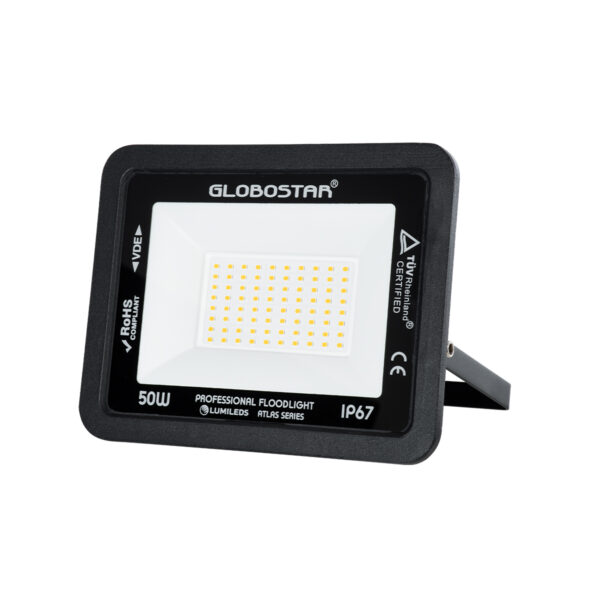 GloboStar® ATLAS 61424 Επαγγελματικός Προβολέας LED 50W 5750lm 120° AC 220-240V - Αδιάβροχος IP67 - Μ21 x Π3.5 x Υ16cm - Μαύρο - Θερμό Λευκό 2700K - LUMILEDS Chips - TÜV Rheinland Certified - 5 Years Warranty