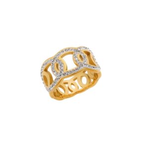Δαχτυλίδι Senza Gold Plated Steel, φαρδύ με λευκές πέτρες