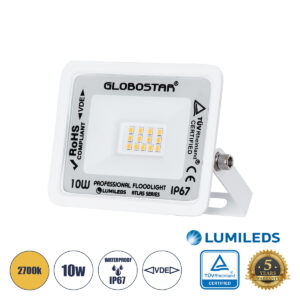 GloboStar® ATLAS 61406 Επαγγελματικός Προβολέας LED 10W 1150lm 120° AC 220-240V - Αδιάβροχος IP67 - Μ10 x Π2 x Υ8cm - Λευκό - Θερμό Λευκό 2700K - LUMILEDS Chips - TÜV Rheinland Certified - 5 Years Warranty