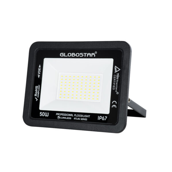 GloboStar® ATLAS 61422 Επαγγελματικός Προβολέας LED 50W 6250lm 120° AC 220-240V - Αδιάβροχος IP67 - Μ21 x Π3.5 x Υ16cm - Μαύρο - Ψυχρό Λευκό 6000K - LUMILEDS Chips - TÜV Rheinland Certified - 5 Years Warranty