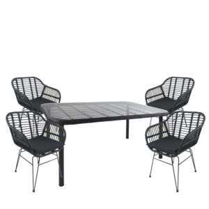 Σετ Τραπεζαρία Κήπου ArteLibre AMPIUS Μαύρο Μέταλλο/Rattan/Γυαλί Με 4 Καρέκλες 14990379