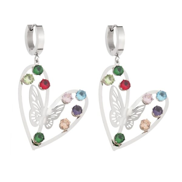Σκουλαρίκια Γυναικεία SENZA κρίκοι από Ατσάλι, καρδιά με πεταλούδα & πολύχρωμες πέτρες