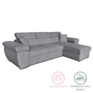 Γωνιακός καναπές-κρεβάτι αναστρέψιμος Comy pakoworld γκρι 286x160x75-90εκ (1 τεμάχια)