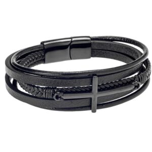 Βραχιόλι Senza Men's Steel Black Leather Strap Με Μαύρο Σταυρό