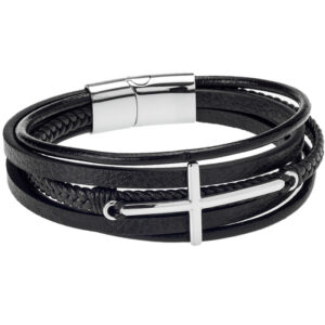 Βραχιόλι Senza Men's Steel Black Leather Strap Με Ασημί Σταυρό