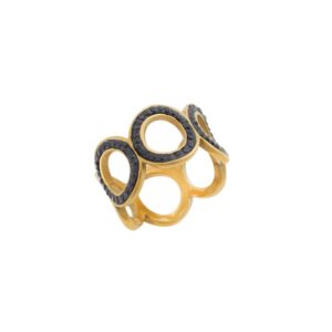 Δαχτυλίδι Senza Steel Gold Plated, φαρδύ με μαύρες πέτρες
