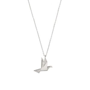 Κολιέ Senza από ασήμι 925, πουλί origami με λευκά ζιργκόν