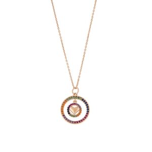 Κολιέ Senza από ροζ επιχρυσωμένο ασήμι 925, διπλός κύκλος με καρδιά & πολύχρωμα ζιργκόν