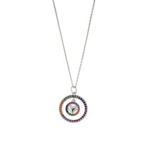 Κολιέ Senza από ασήμι 925, διπλός κύκλος με καρδιά & πολύχρωμα ζιργκόν